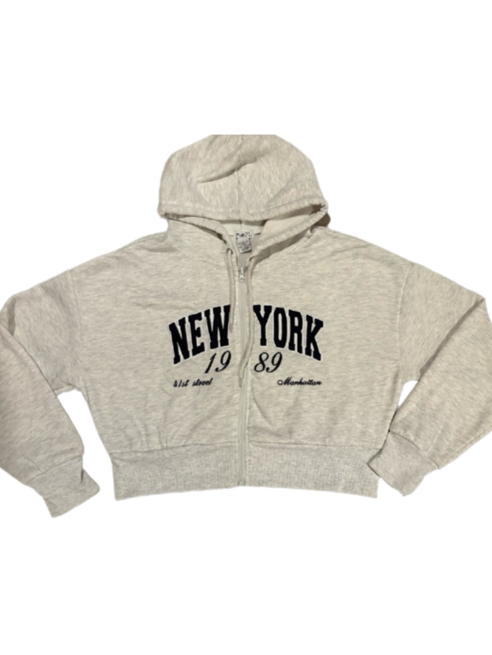 NEW YORK 1989 Light Gray Crop Zip Fleece Hoodie